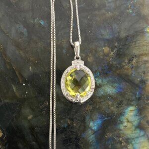 Sterling Silver 925 Oval Domed Faceted Yellow Citrine & Diamond Pendant Necklace